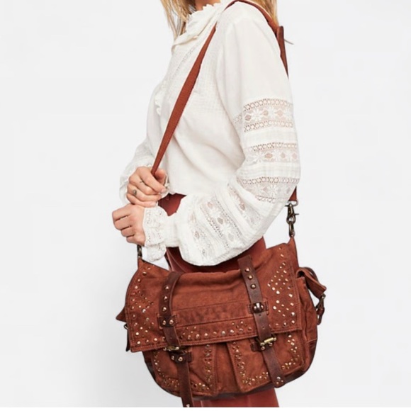 Free People Handbags - Free People Studded Distressed Canvas Leather Messenger Bag